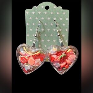 Heart Puff Shaker Dangle Earrings Strawberries And Hearts New